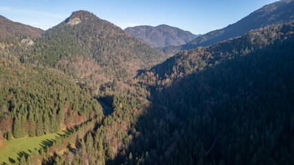 Fototapeta premium aerial View to in the Walchenklamm gorge in the Bavarian Forest in late autumn
