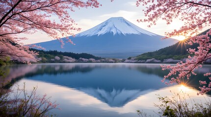 Majestic Mount Fuji's serene reflection in a tranquil lake, framed by vibrant cherry blossoms at...