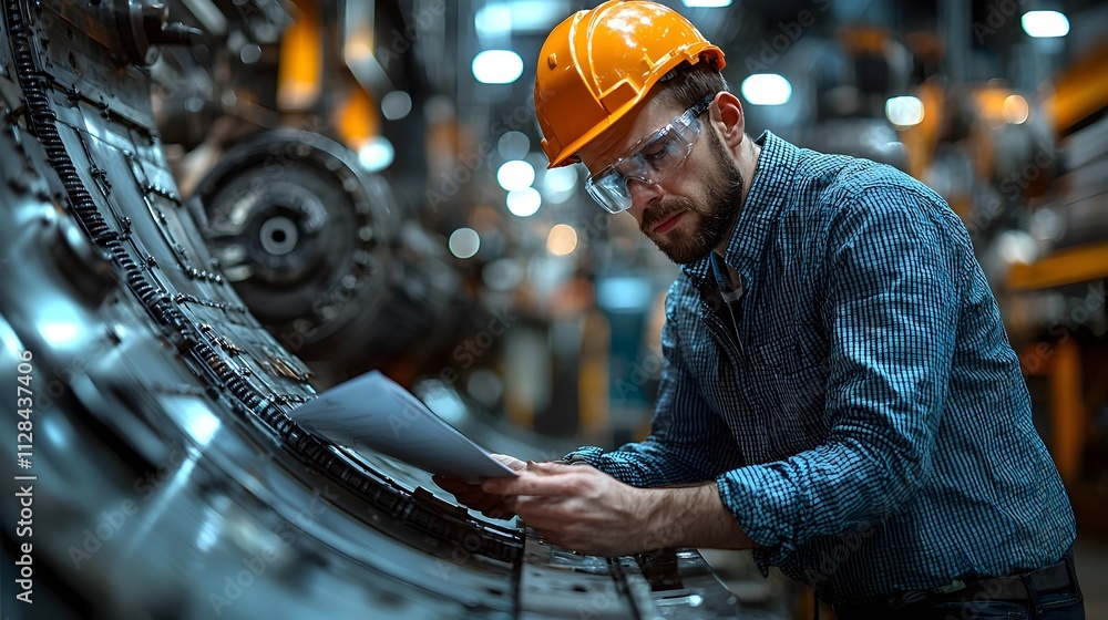 Poster professional engineer examining and analyzing the mechanical stress points on a wind turbine blade d