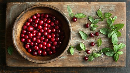 Rustic Bowl of Cherries with Fresh Mint