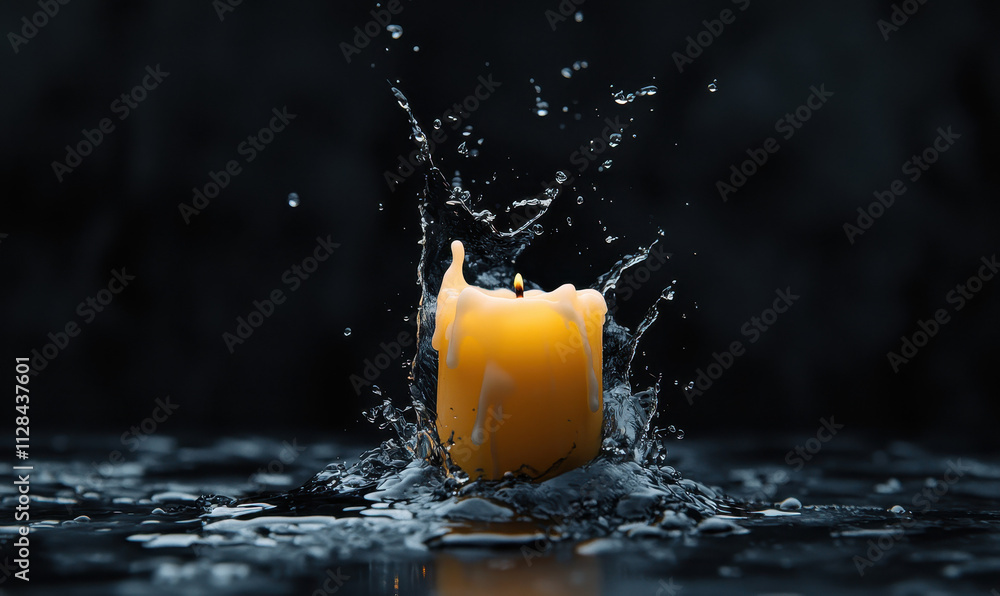 Poster exploring the elemental dance of fire and water: a captivating candle amidst a splashed background c