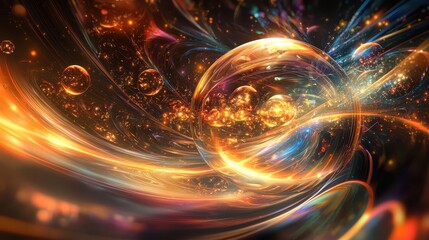 Obraz premium Abstract swirling energy and glowing bubbles creating a vibrant and colorful cosmic scene with dynamic light effects and intricate patterns