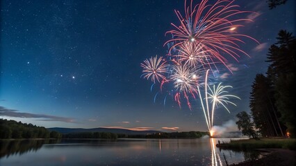 A midnight sky filled with fireworks, reflecting on a calm lake.

