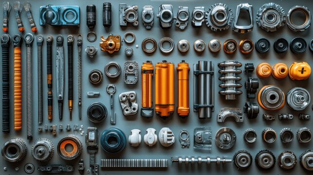 disassembled bicycle parts are carefully arranged in a display on a white background to highlight the intricacy of bike maintenance and assembl