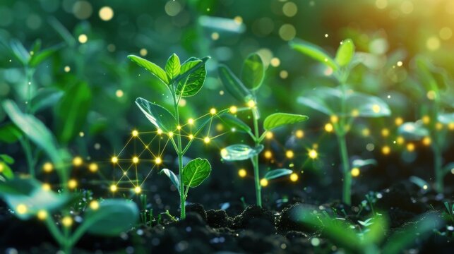 Illuminated network graphics overlay young plants thriving in rich soil, representing technological advancements in agriculture and data driven farming for enhanced sustainability
