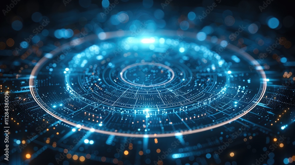 Aufkleber Futuristic interface with a circular shape in the center. The shape is made up of a series of interconnected lines and dots, creating a grid-like pattern. The background is black.