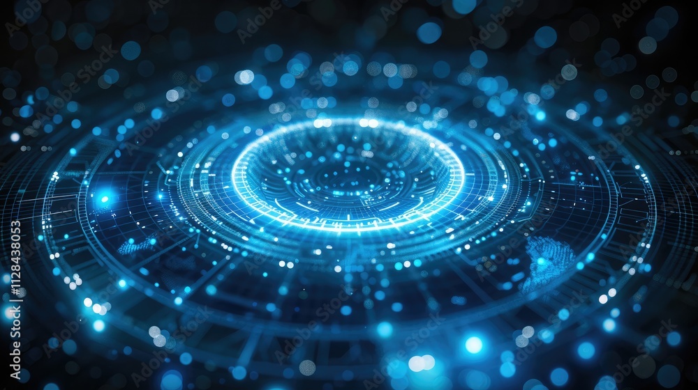 Aufkleber Futuristic interface with a circular shape in the center. The shape is made up of a series of interconnected lines and dots, creating a grid-like pattern. The background is black.