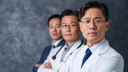 Fototapeta premium Three confident japanese doctors in white coats posing together against a neutral background in a professional setting
