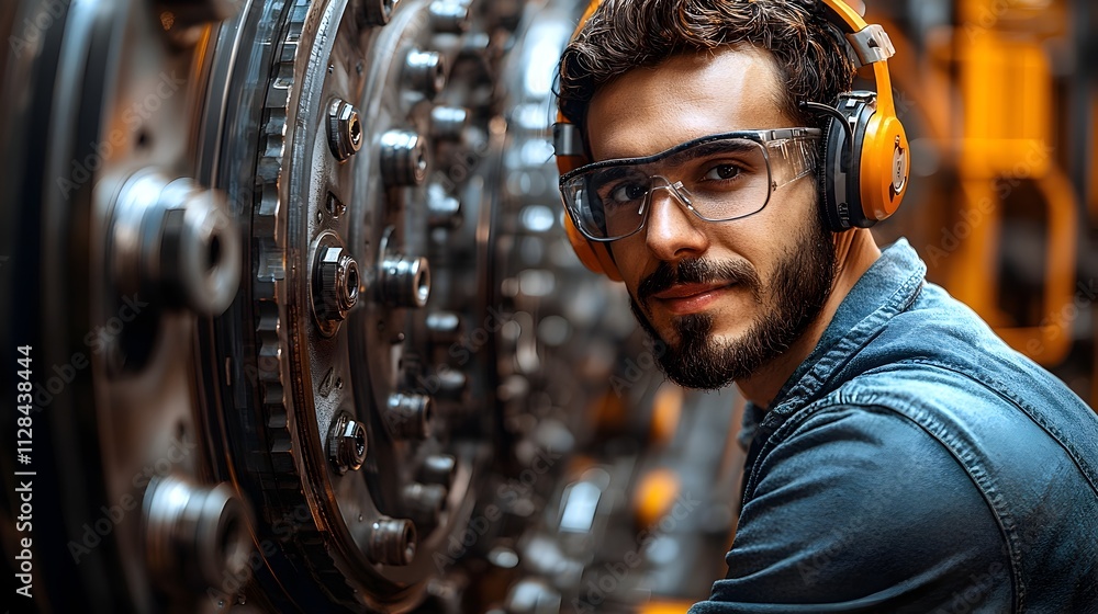 Poster engineer performing diagnostics and examining the mechanical braking system of a wind turbine checki