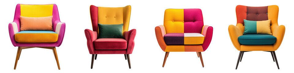 Fototapeta premium Vibrant and bold mid century modern style armchair with an oversized plush design featuring a combination of retro patterns and textures for a cozy and sophisticated living space