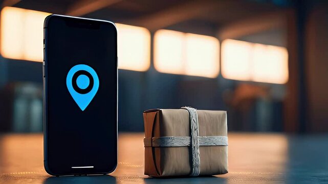 A smartphone displaying a location icon next to a small wrapped package.
