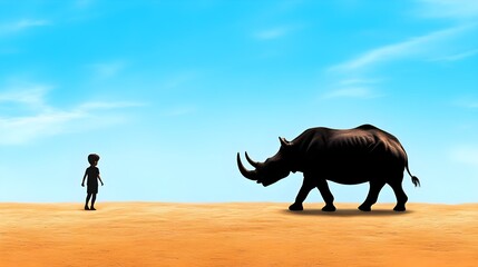 Obraz premium A Silhouette of a Child and a Rhinoceros in a Desert Landscape Under a Bright Blue Sky at Sunset, Evoking Themes of Nature and Wildlife Conservation