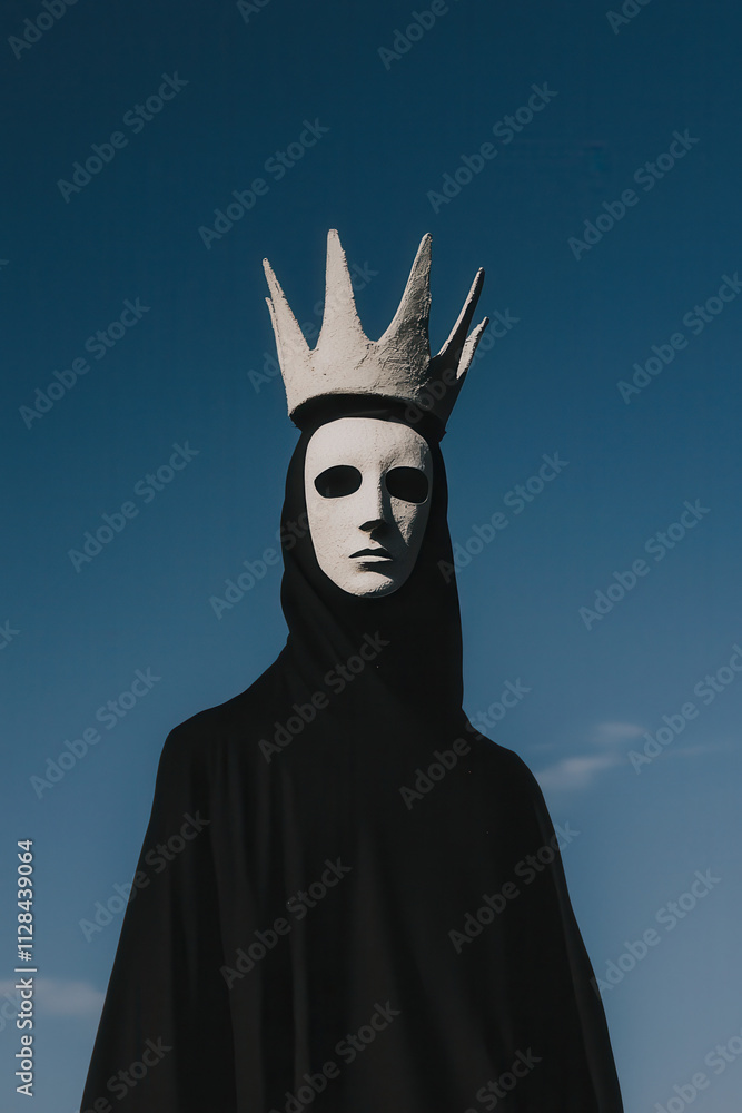 Poster mysterious figure under a blue sky: exploring identity and emotion through masked enigma and surreal