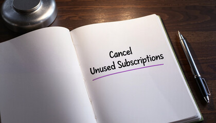 Open notebook with "Cancel Unused Subscriptions" written in bold on a wooden table with a pen and a metal container