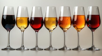 Six wine glasses showcasing a variety of red and white wines.