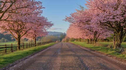 Obraz premium peaceful countryside road lined with blossoming cherry trees under a clear blue sky. The pink petals gently fall to the ground, 
