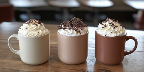 abstract marketing background showcasing two 3D cups of hot chocolate topped with fluffy whipped cream and chocolate shavings. This festive design is perfect for recipe blogs, social media posts, and 