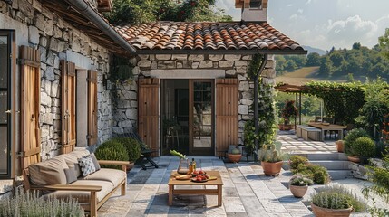Naklejka premium A stone farmhouse with a garden. The stone walls and wooden shutters, terracotta tiles on the floor, Plants and flowers adorn the scene, including an outdoor seating area and a wooden table.