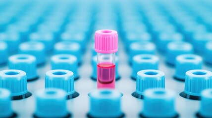 Obraz premium A vibrant image featuring a pink-capped vial surrounded by numerous blue caps, highlighting a laboratory or medical setting.