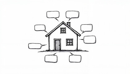Hand-drawn house illustration with empty speech bubbles on a white background for creative concepts

