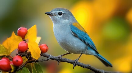 Small blue bird perched on branch with red berries.