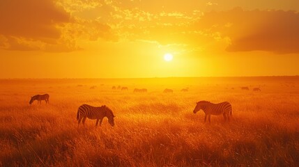 Naklejka premium A peaceful savanna at dusk with grazing zebras silhouetted against a deep orange sky. The golden grass stretches endlessly, while the soft light adds warmth and serenity to the scene. 