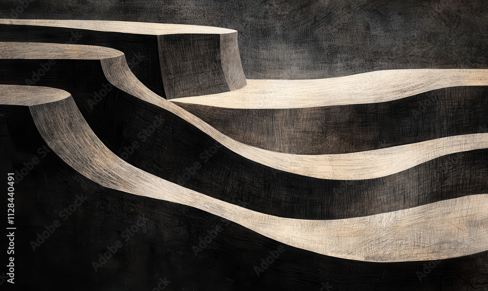 Poster explore dynamic abstract waves and lines with modern artistic textures in contrasting black and whit