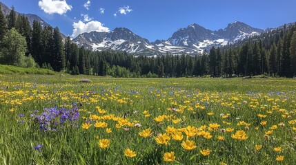 Obraz premium A serene alpine meadow dotted with wildflowers under a deep blue sky. Snow-capped mountains tower in the background, adding a majestic contrast to the vibrant foreground. 