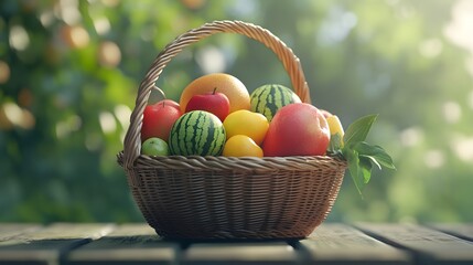 A wicker basket holds a colorful assortment of fresh fruits