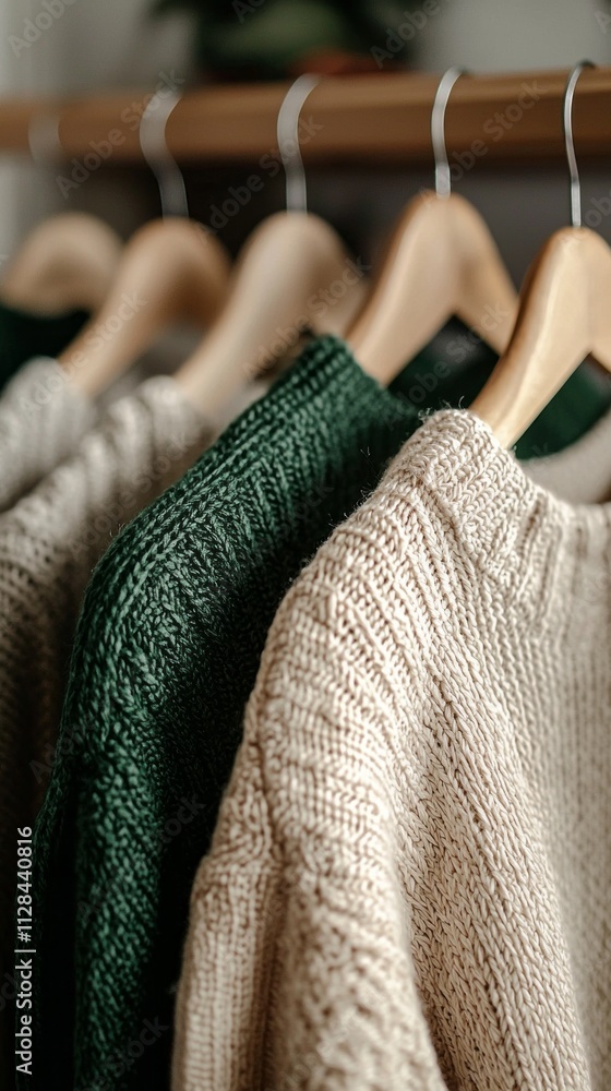 Poster soft knitted sweaters of various colors hang gracefully on wooden hangers, creating an inviting atmo
