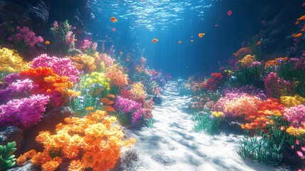 Naklejka premium Vibrant Underwater Scene Filled with Colorful Coral, Diverse Marine Life, and Sunlight Filtering Through Crystal Clear Water in a Lush Ocean Environment
