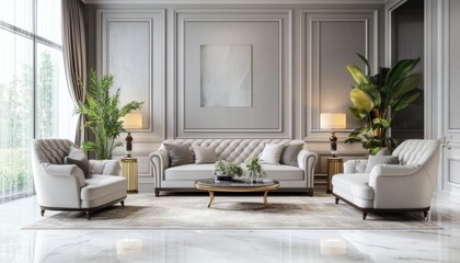Fototapeta premium Elegant Living Room Interior Design Luxury Sofa Armchairs Coffee Table