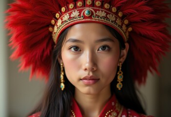 Fototapeta premium A woman with long black hair wears a red feathered headdress with gold and turquoise embellishments.