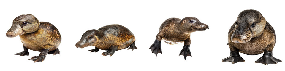 Obraz premium A group of four adorable ducks swimming together in a serene reflective waterway showcasing the beauty and diversity of waterfowl species in their natural habitat