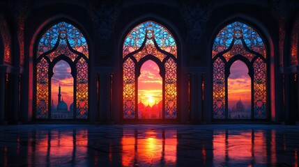 Obraz premium Breathtaking Sunset Reflected in Ornate Stained Glass Windows