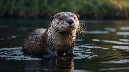 Otter emerging from the water, showcasing its playful nature in a serene aquatic environment