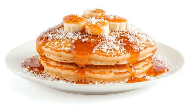Delicious pancakes topped with bananas and drizzled with syrup, isolated on white.