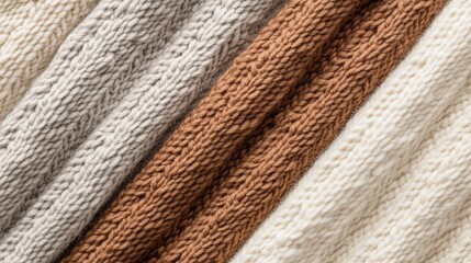Knitted fabric swatches in assorted patterns, neatly organized to highlight their fine details, soft textures, and quality craftsmanship.
