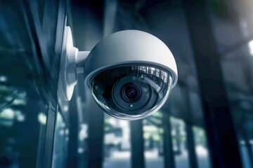 This image features a stylish outdoor security camera mounted on a surface with a reflective glass backdrop, symbolizing modern surveillance technology in contemporary architecture.