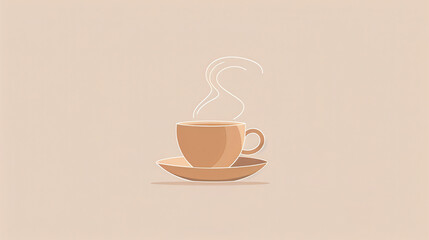 Obraz premium Hot coffee cup with steam rising on a saucer against a warm beige background