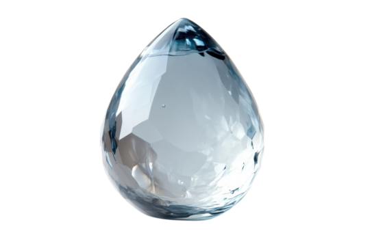 Clear crystal teardrop shaped object reflecting light in a bright, minimalistic setting