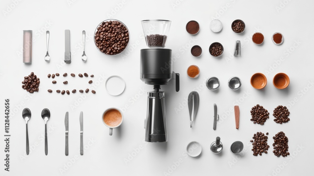 Poster coffee beans, cups, spoons, and a coffee maker are arranged in a flat lay, creating an inviting setu