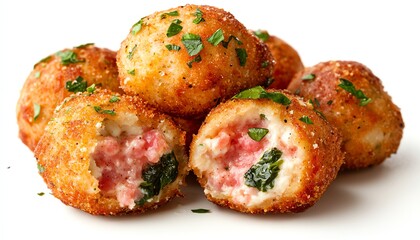 Fried meatballs filled with green herbs and meat, on a white isolate background.