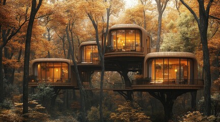 Obraz premium Three modern treehouses nestled in an autumnal forest, illuminated from within.