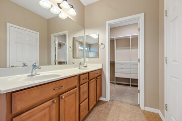 Spacious bathroom featuring wooden cabinetry and a mirror, leading to a walk-in closet from a well-lit home