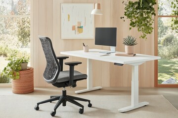 Modern Home Office Setup with Ergonomic Chair and Adjustable Standing Desk near Window