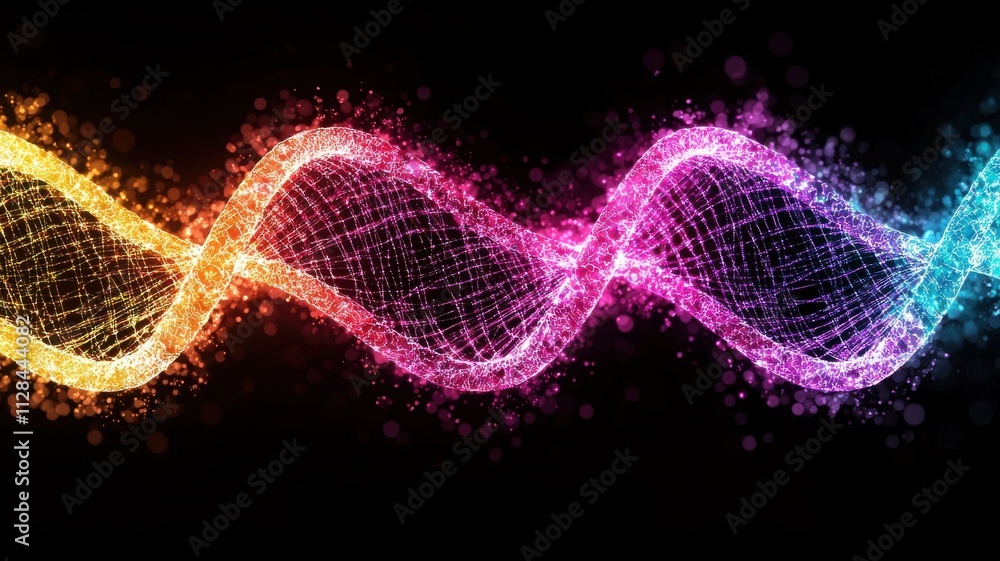 Poster a vibrant wave of colorful light particles creating a mesmerizing effect against a dark background.