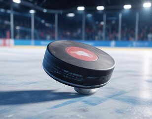Hockey puck flying through the air on blue ice rink, high-speed movement, fast-paced action, winter sports
