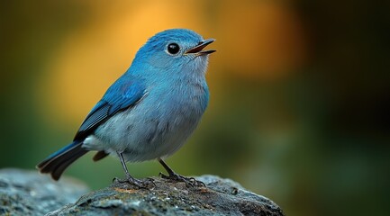 Naklejka premium Vibrant blue bird perched on rock, singing.