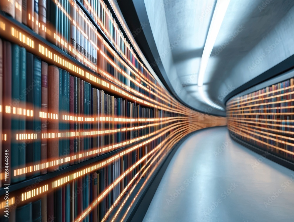 Poster a futuristic library corridor with glowing lights and bookshelves, creating a dynamic and immersive 